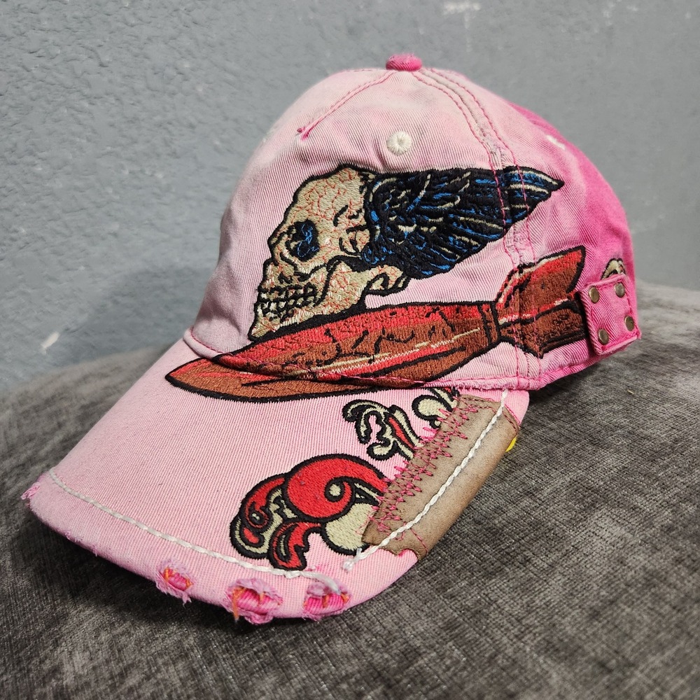 True Religion womens Pink Skull Bomb Embroidered Distressed Baseball Cap Hat